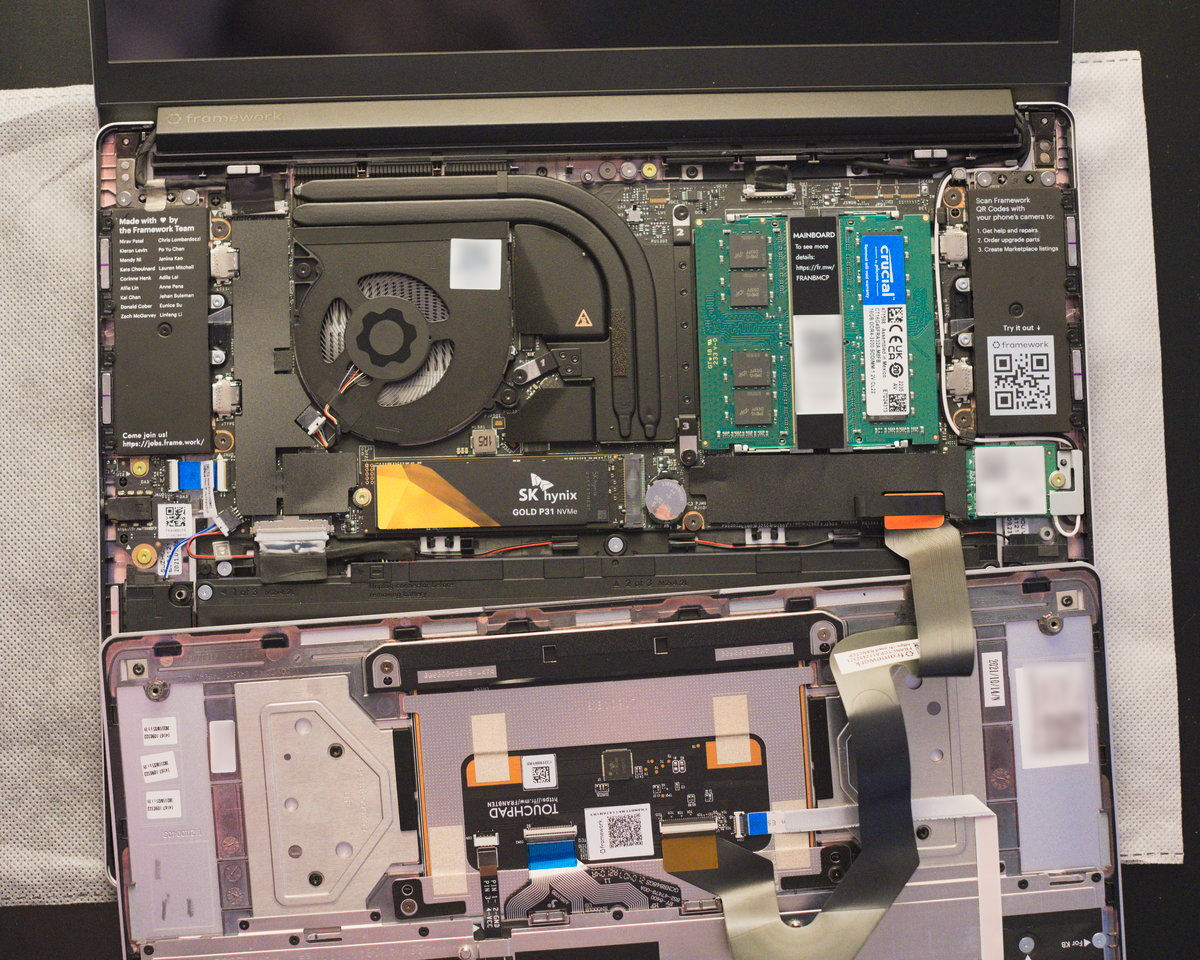 The inside of the laptop, showing how accessible the RAM and storage are for upgrades.